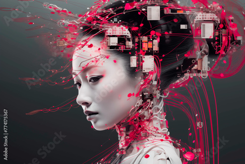 A Japanese woman navigates the pressure to conform amidst societal expectations, her identity fragmented by red lines and squares that represent pressures, expectations, and societal norms