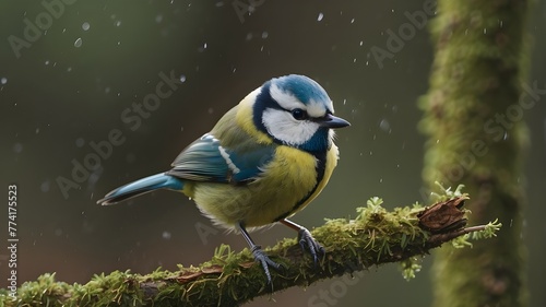 A close-up of blue tit berds sitting on a branch covered in moss
