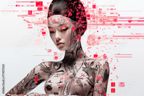 A Japanese woman navigates the pressure to conform amidst societal expectations, her identity fragmented by red lines and squares that represent pressures, expectations, and societal norms