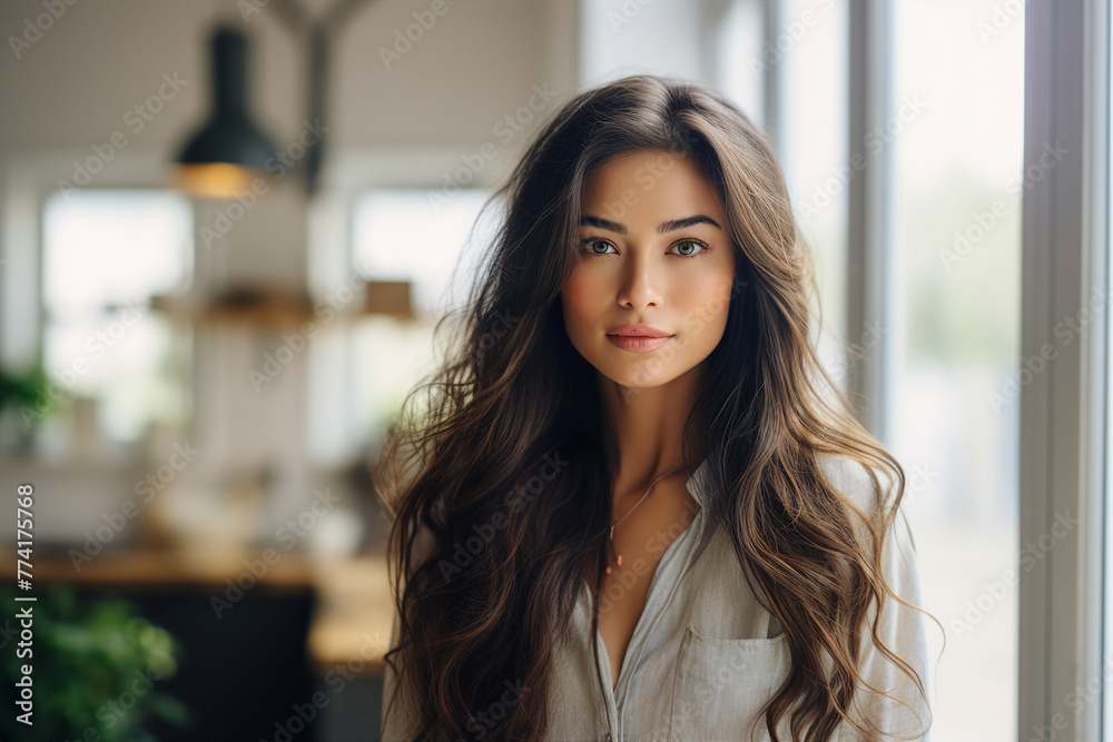Fototapeta premium Generated with AI photo of an adorable pretty woman enjoying time at own comfort home