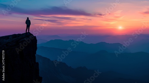 Silhouette of a Person Standing on a Cliff at Sunset, Serene Nature Scene with Vibrant Skies and Layered Mountains. Inspirational Landscape Photography. AI