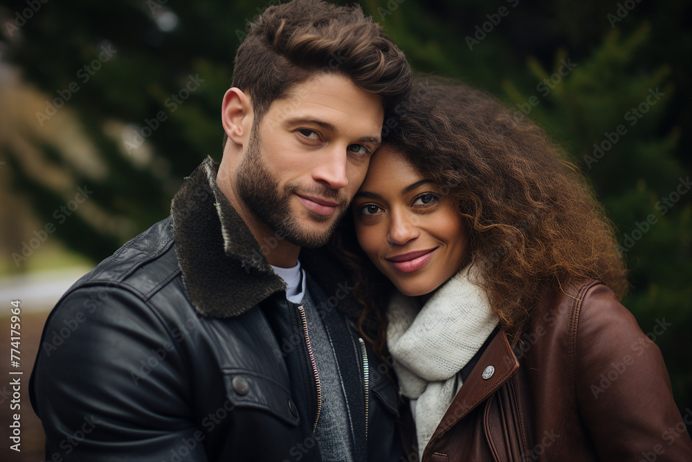 Generative AI picture of young couple in love walk in park