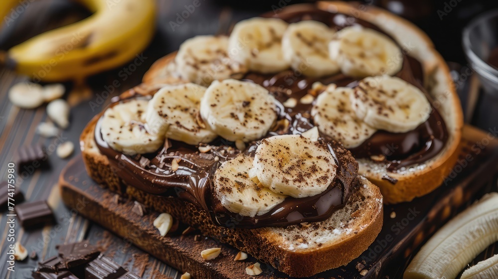 Toasts bread with bananas and chocolate cream