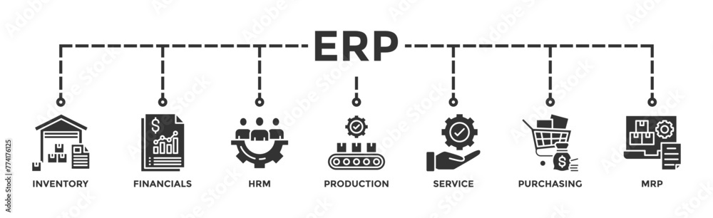 ERP banner web icon illustration concept for enterprise resource planning with icon of inventory, financials, hrm, production, service, purchasing, and mrp ERP banner web icon illustration concept for enterprise resource planning with icon of inventory, financials, hrm, production, service, purchasing, and mrp