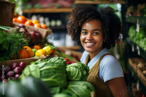 AI generated image of cheerful lovely woman standing in supermarket grocery department with vegetables