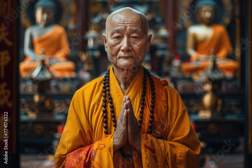  Imagen de un monje chino de 60 años de pie con gracia en un famoso templo. Su rostro y rasgos faciales son ligeramente regordetes, y emana un aura amable. Está adornado con un hanfu amarillo y rojo, 