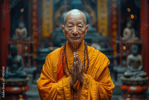 
Imagen de un monje chino de 60 años de pie con gracia en un famoso templo. Su rostro y rasgos faciales son ligeramente regordetes, y emana un aura amable. Está adornado con un hanfu amarillo y rojo,  photo