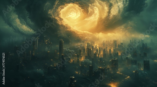 The Maelstrom's Embrace wind tornado dark Earths cities, fire in the sky