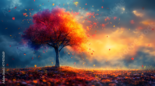 Autumn landscape with lonely tree and falling leaves, 3d render