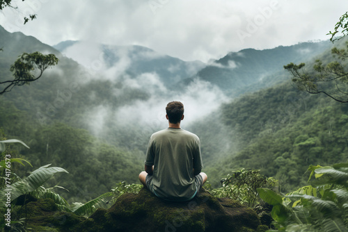 Generated with AI back view photo of man sitting alone on the mountain top and looking beautiful view photo