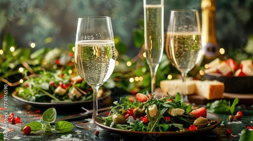 Traditional New Year's salad Olivier. New Year's festive table and glasses of champagne.