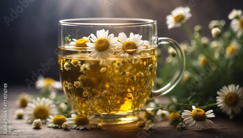 Chamomile tea in a glass cup. Herbal tea and chamomile flowers