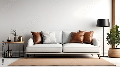 A chic, contemporary timber living room with an armchair against a blank, dark blue wall backdrop, Wall mockup of an interior living room featuring a leather sofa and white background décor, 