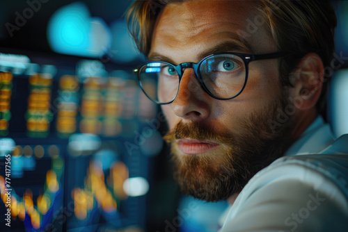 Retrato de un joven y apuesto corredor de bolsa trabajando en una computadora, investigando datos de acciones en tiempo real, analizando productos básicos y gráficos del mercado de valores. Agente de  photo