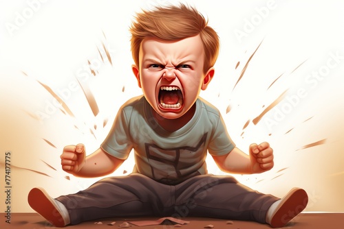 Angry irritated boy. Emotional portrait of an upset kid screaming in anger. Full of rage. Requirements for parents. Wrong perception. Hysterics. photo