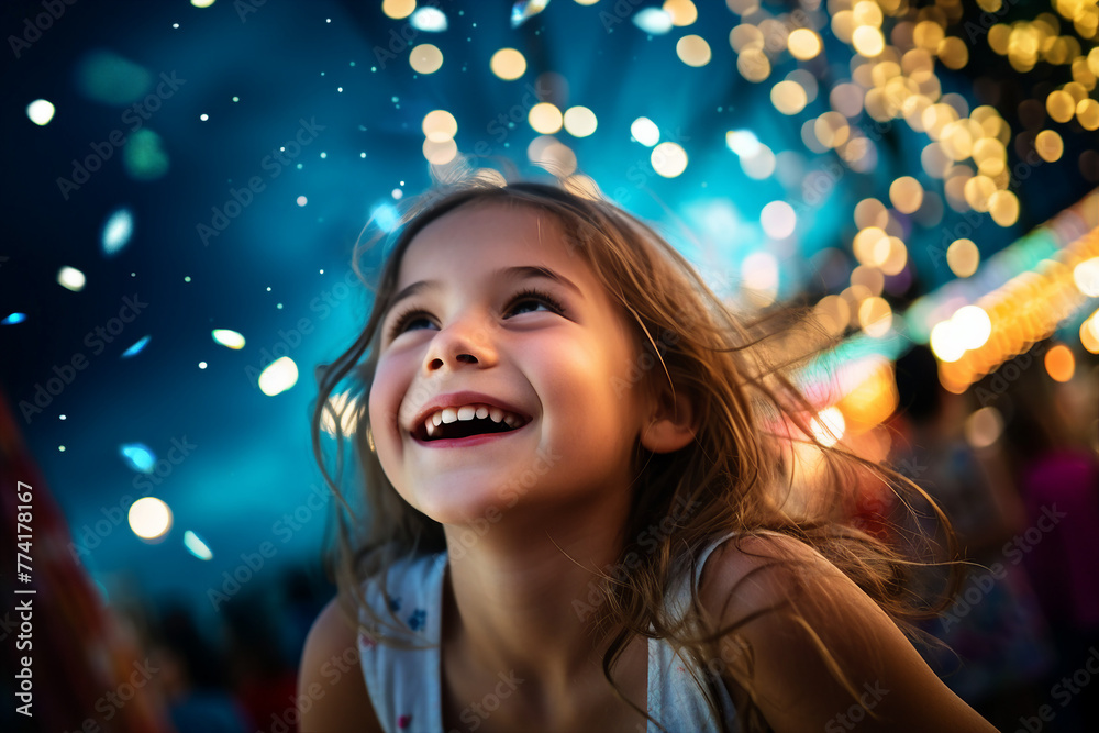 Generated AI image of happy little baby child having fun on a carousel at an amusement park in the evening Generated AI image of happy little baby child having fun on a carousel at an amusement park in the evening