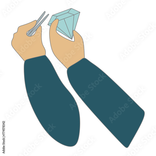 Jeweler Hand holds Big Red Gemstone and Tweezers. Vector Flat Cartoon Isolated on White Illustration, Jewelry Making concept, Handmade. Design Art Template for Greeting Card, Poster, Banner.