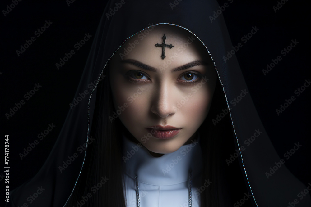 Mysterious religious person nun priest in church robe serious face expression Generative AI illustration Mysterious religious person nun priest in church robe serious face expression Generative AI illustration
