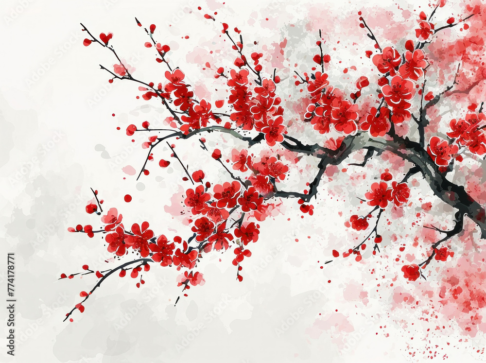 Beautiful watercolor painting of red cherry blossom on branch isolated on white background
