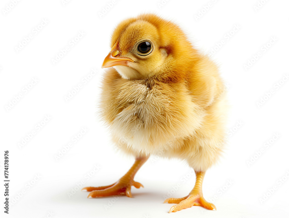 Obraz premium A baby chick isolated on white background. The chick is small and fluffy, with a cute and innocent expression.