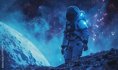 an astronaut standing on a rocky surface with a mysterious and enchanting extraterrestrial landscape in the background.
