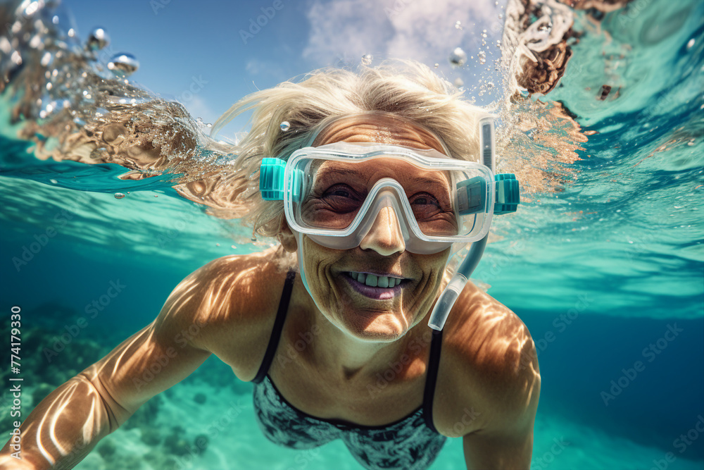 Fototapeta premium AI generated close up photo picture of happy diver swims underwater blue day light