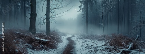 Solitary A distant wintry woodland enveloped in mist with a path winding into unfamiliar territory, Generative AI  photo