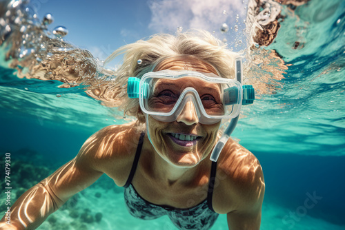 AI generated close up photo picture of happy diver swims underwater blue day light
