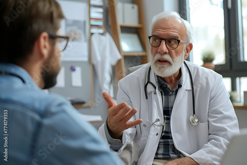 Senior doctor with a stethoscope giving medical advice to a male patient during a consultation in a clinic office. Generative AI