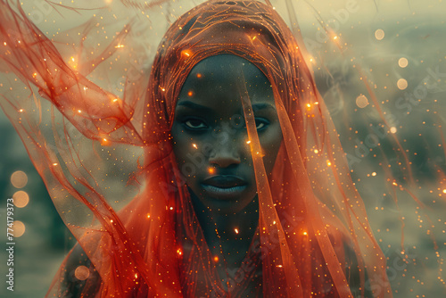 retrato de plano entero de una persona alternativa de raza subsahariana con un vestido rojo tradicional con un fondo texturizado luces de neón efecto de niebla