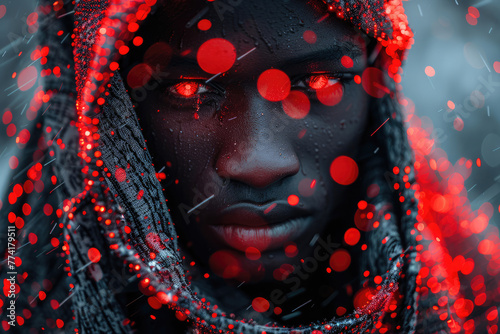 retrato de plano entero de una persona alternativa de raza subsahariana con un vestido rojo tradicional con un fondo texturizado luces de neón efecto de niebla