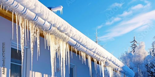 Preventing ice dams on roofs in freezing weather with dangerous icicles, Generative AI  photo