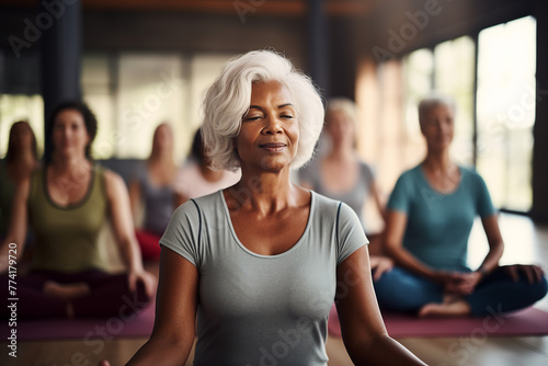 Different age people doing yoga nature park private club spirituality concept Generative AI photo
