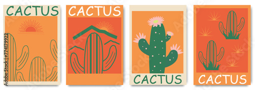 Hand drawn cactus plant  set. Vintage style cartoon cacti houseplant illustration collection. Poster of nature desert flora, mexican garden bundle. Natural interior graphic decoration.