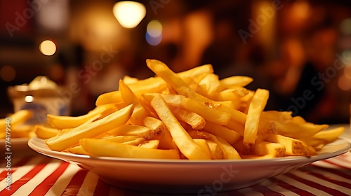 French fries on a plate with dark background. 