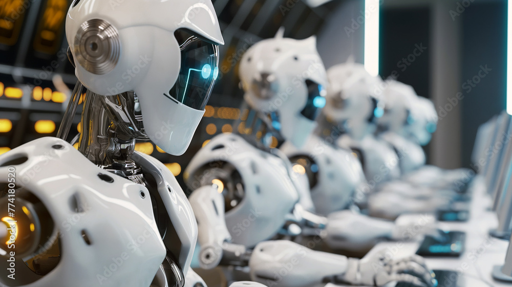 Fototapeta premium Shallow focus on the first of several robots sitting at a computer. Concept of collaboration or replacement between artificial intelligence robots and humans.