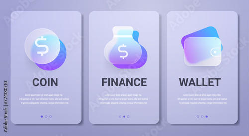 Mobile banking app pages menu in glassmorphism style. Coin and wallet vector banners set.