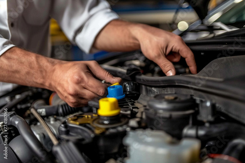 Closeup of Auto Mechanic Changing Oil in Car Engine