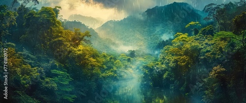 In the abstract landscape, the vibrant colors of the tropical forest were bathed in sunlight, creating a mesmerizing display of textures and light, while the sound of raindrops. Generative AI