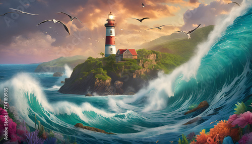 Lighthouse on a hill with stormy seas  photo