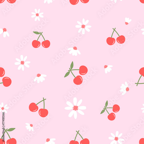 Seamless pattern with cherry fruit, green leaves and white flower on pink background vector. Cute fruit print.