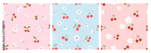 Seamless pattern with cherry fruit, green leaves and cute flower on pink and blue backgrounds vector. Cute fruit prints.