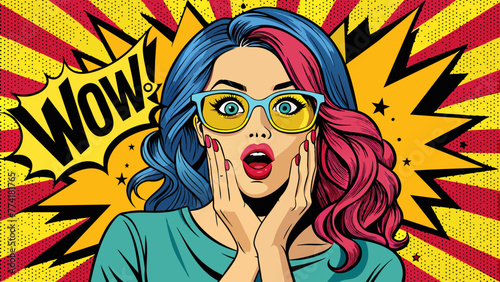 pop art woman with wow face in glasses holding han 