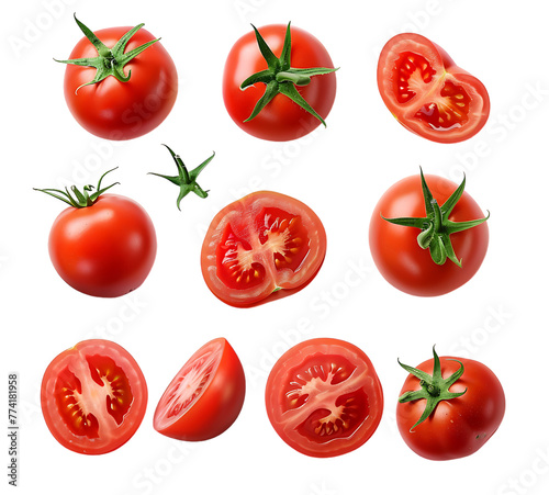 photorealistic photo of tomato slices and whole tomatoes on white background