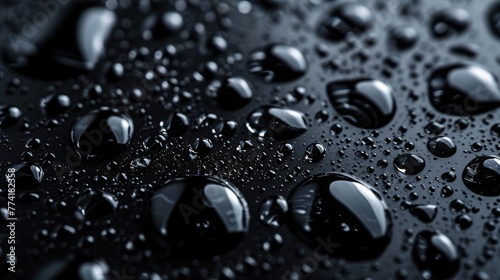 Condensation water drops on a dark glass texture background. Shower or rain droplets, pure aqua blobs. Top view