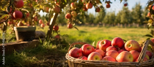 A wicker basket filled with red apples is placed in the center of a vast green field under the clear blue sky