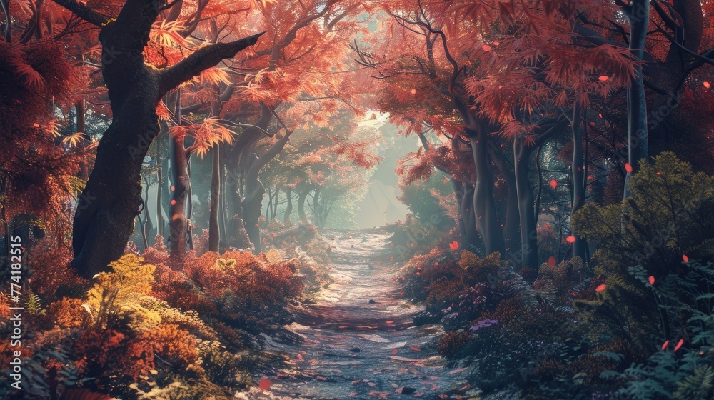 Craft an image of a serene journey through the concept of an autumn forest, with the path guiding towards a tranquil tropical nature setting - obrazy, fototapety, plakaty 