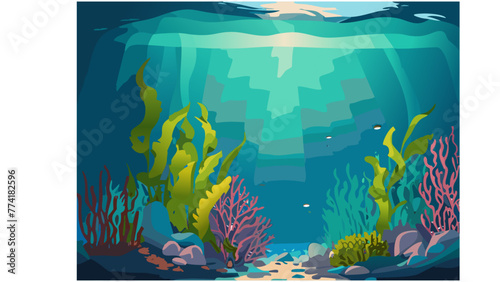 Sea underwater background. Ocean bottom with seaweeds. Vector marine scene