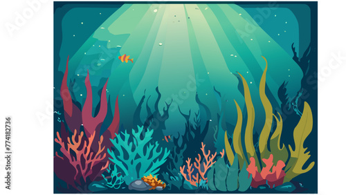 Sea underwater background. Ocean bottom with seaweeds. Vector marine scene