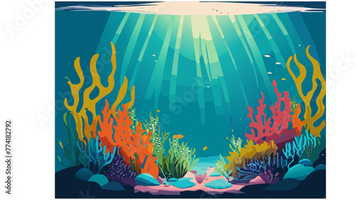 Sea underwater background. Ocean bottom with seaweeds. Vector marine scene